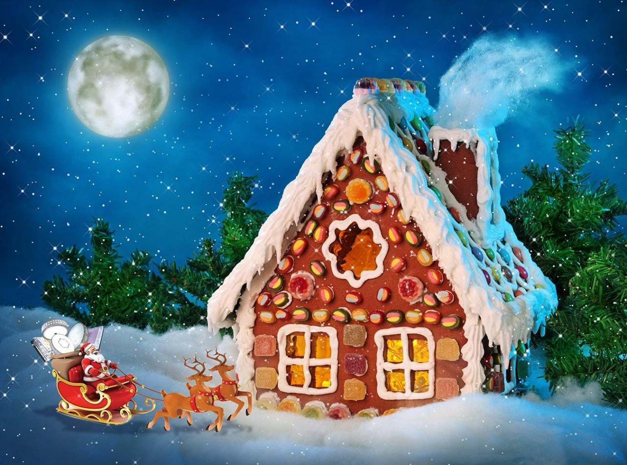 Christmas Gingerbread House Santa Christmas Snow Night Moon Photo Backdrop  IBD- - 