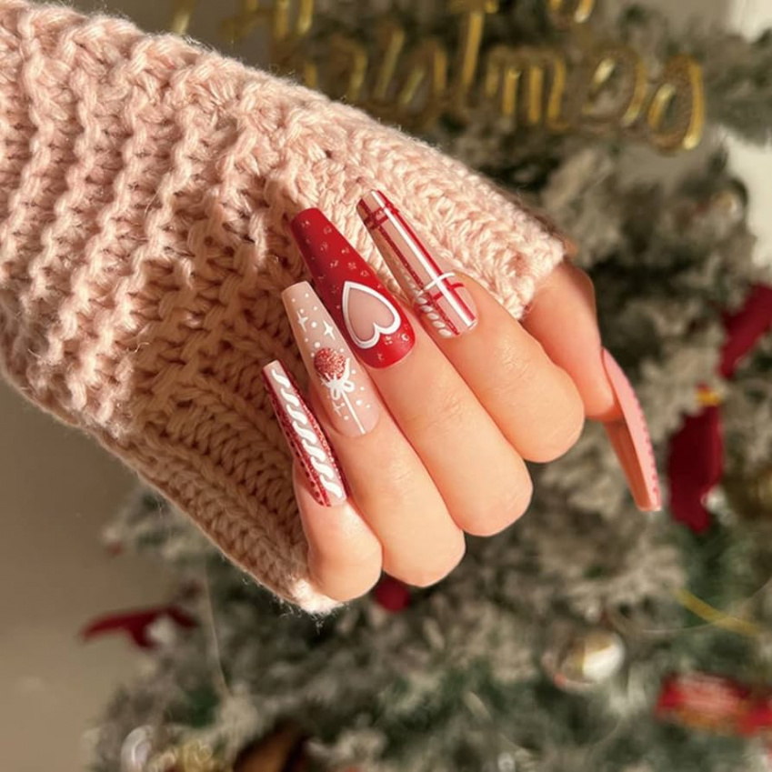Christmas Matte Nails for Sticking, Long Coffin, KXAMELIE Pink Fake Nails  with Glitter Plaid & Heart, Red Acrylic Nails Sticking for Women Girls
