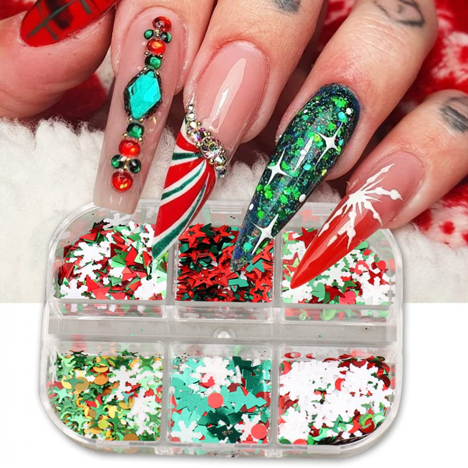 Christmas Nail Glitter Sequins D Snowflakes Xmas Tree Nail Flakes Green  Red Confetti Flakes Hollow Star Nail Design for Acrylic Nails Art  Decorations