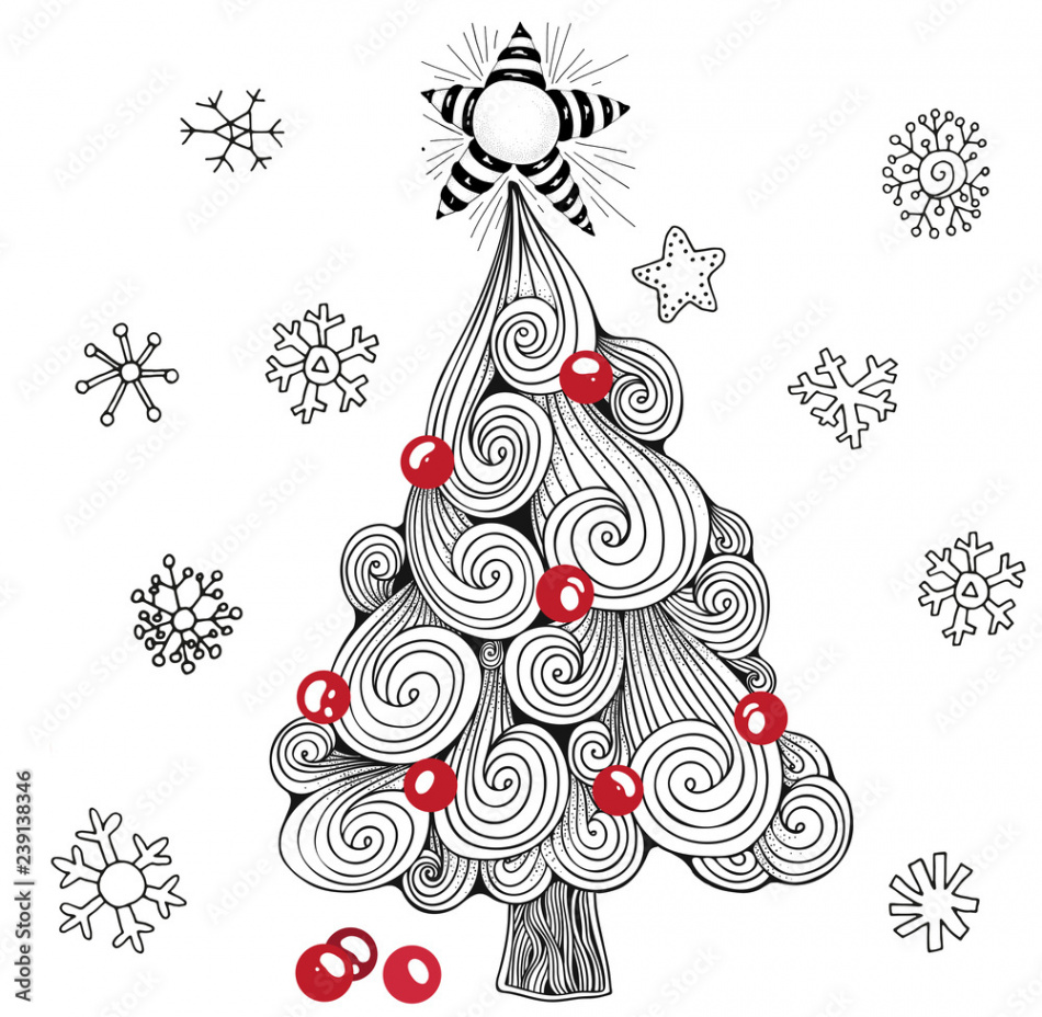 Christmas tree, balls, star. Pattern for coloring book