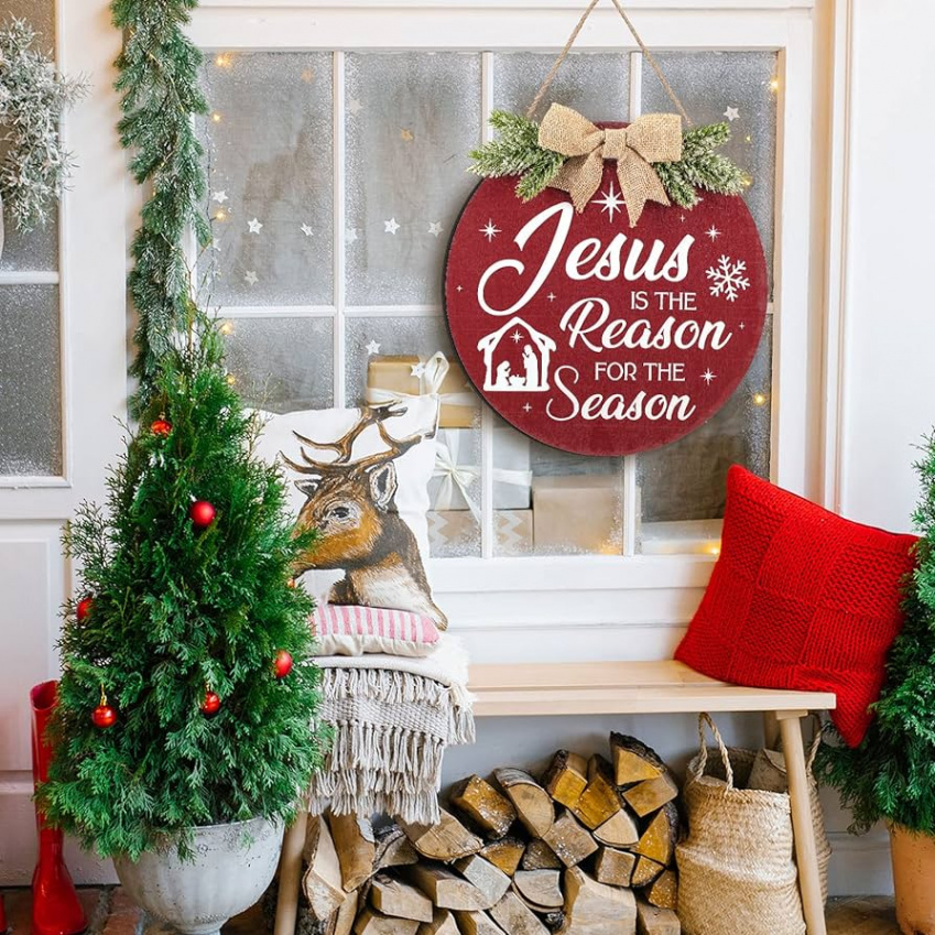Christmas Wreath Hanging Wall Front Door Decor x Inch Round Wooden Sign  Christmas Wall Decoration Jesus Wood Sign for Christmas Holiday Door Wall