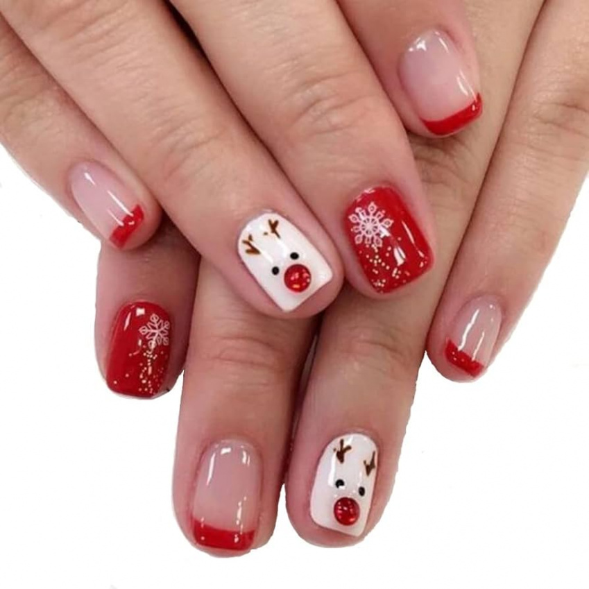 Daterkey  Pieces Christmas Nails Short Square Fake Nails Red Elk Forest  Snowflakes False Nails Press on Nails for Women and Girls (C)