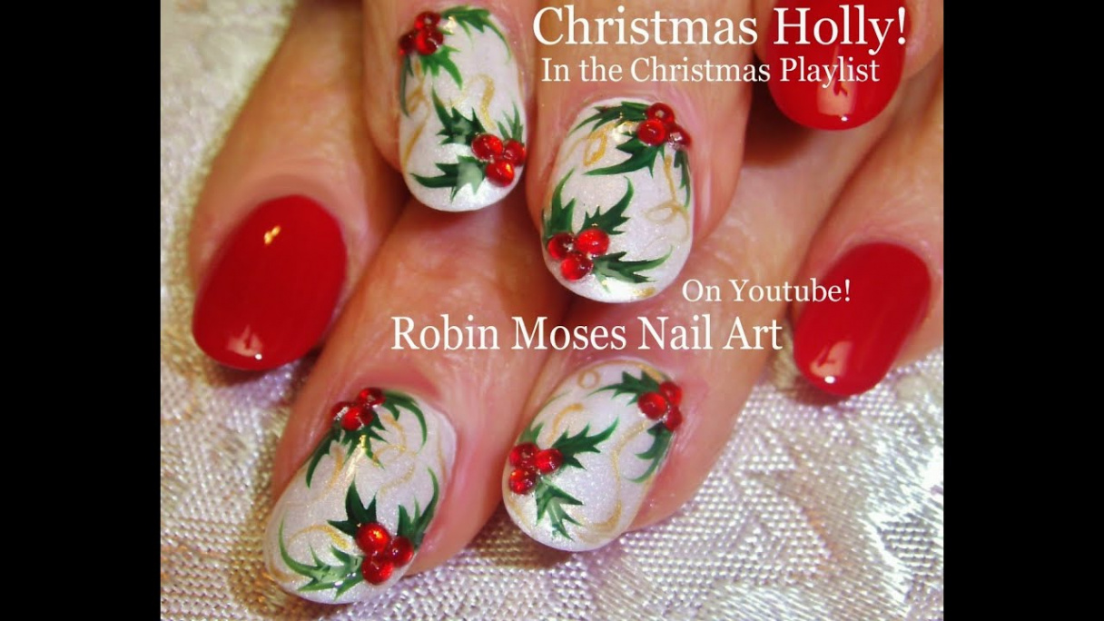 Easy Christmas Nail Art  Xmas Holly Nails On White Nails Design Tutorial