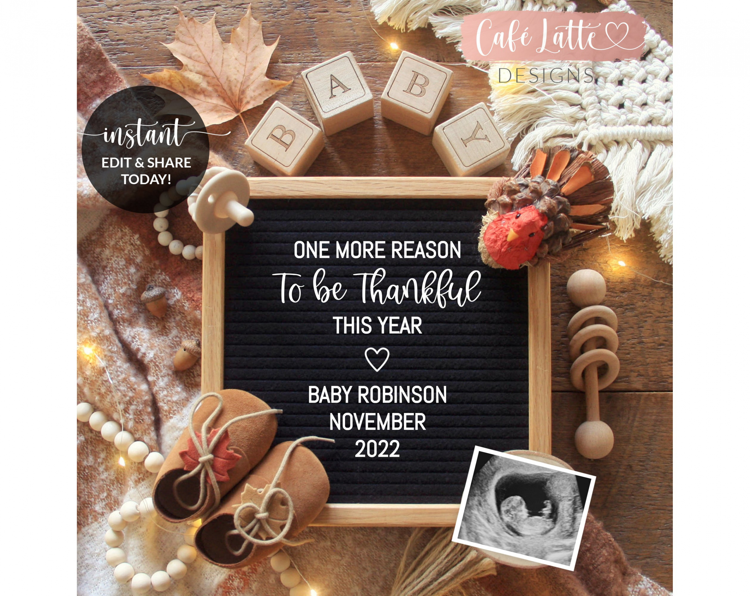 Editable Thanksgiving Pregnancy Announcement Social Media, One