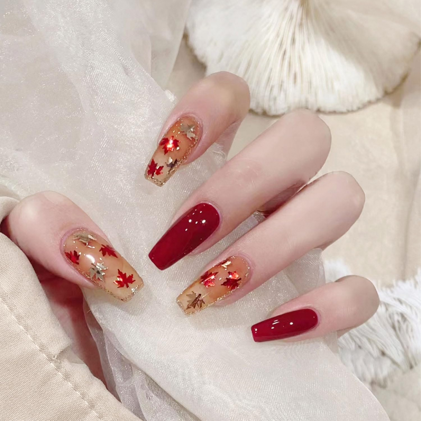 Fall Press on Nails Red Maple Leaf Fake Nails Medium Full Cover False Nails  Glossy Stick on Nails Artificial Manicure Autumn Thanksgiving Nail