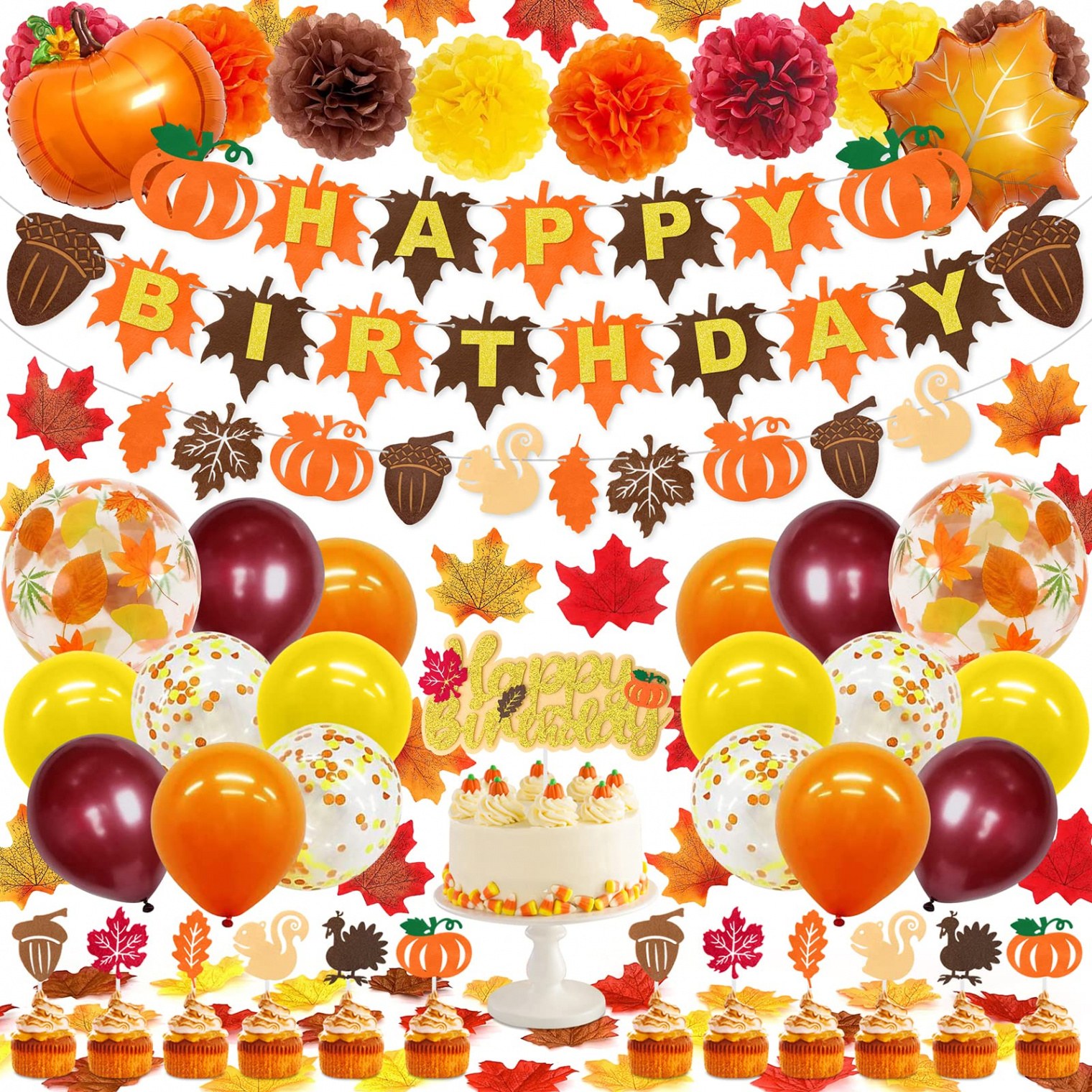 Fall Pumpkin Birthday Party Decorations Thanksgiving Autumn Themed Birthday  Party Supplies  Pcs (Artificial Maple Leaves, Paper Pompoms, Cake