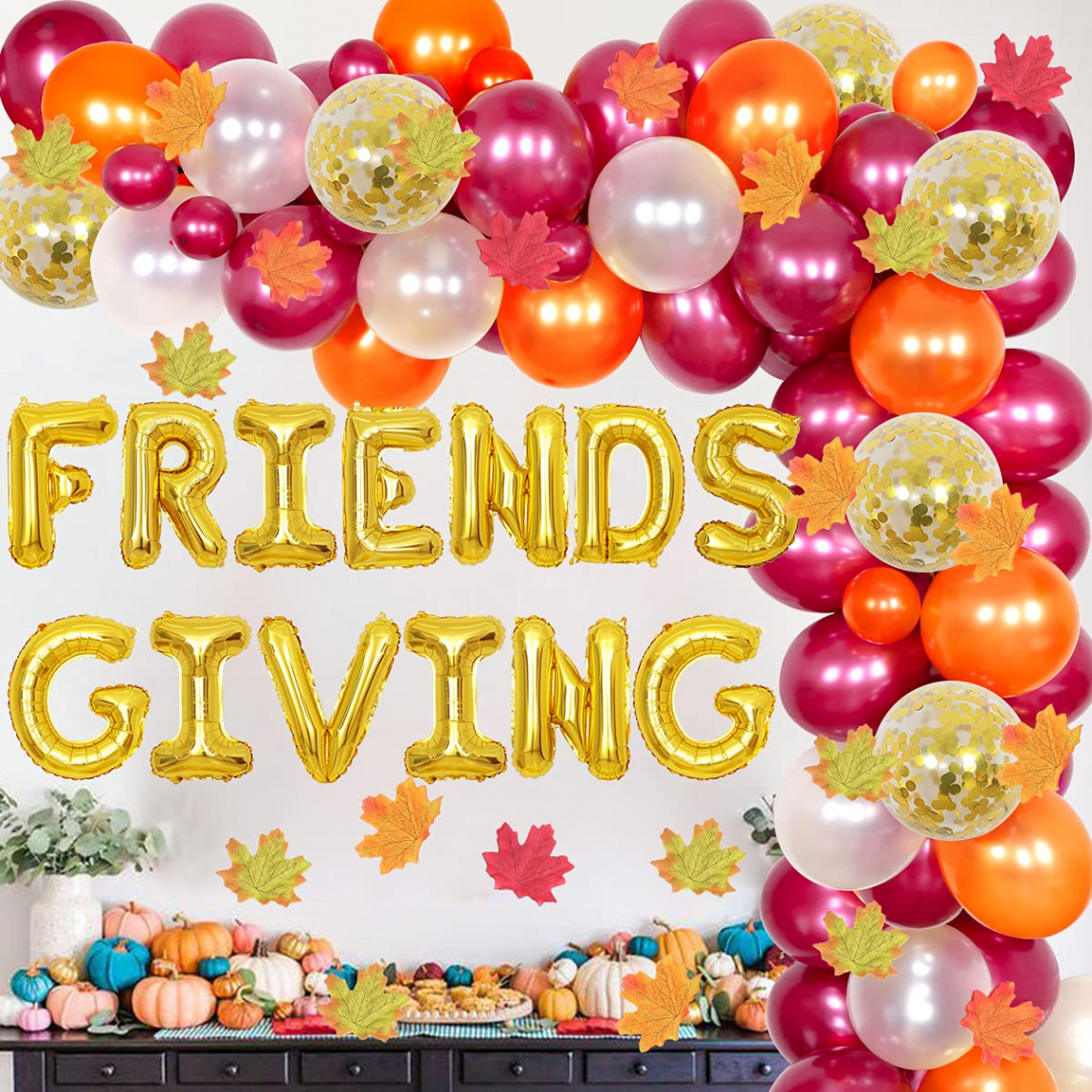 Friendsgiving Party Decorations Balloon Garland Arch Kit Burgundy Orange  with Friends Giving Balloons Maple Leaves for Fall Thanksgiving Day Party