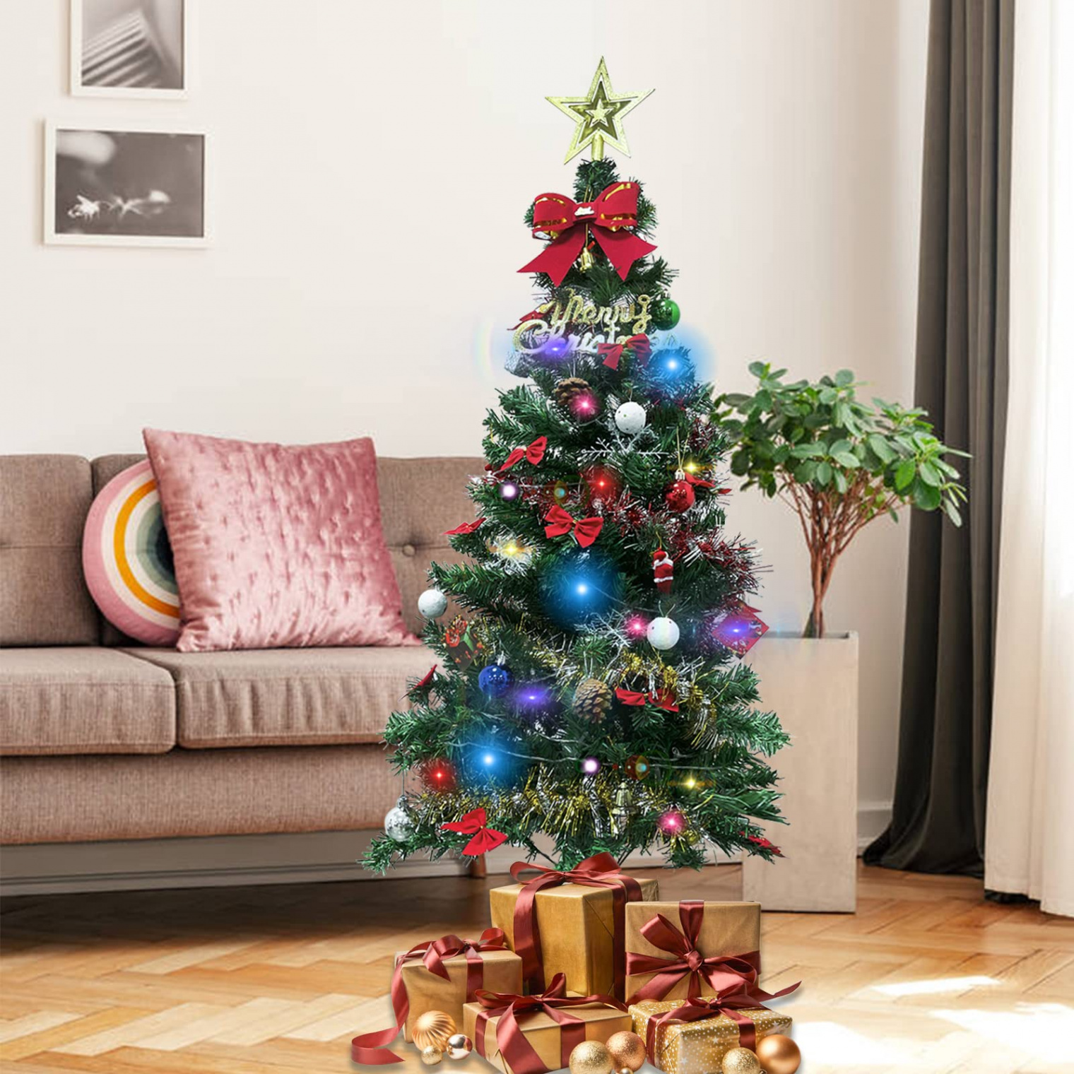 Ft Christmas Tree Christmas Decorations,  Pcs Artificial Xmas Tree  Decoration Indoor, Artificial Christmas Tree with Star Treetop/Pine Cones  and