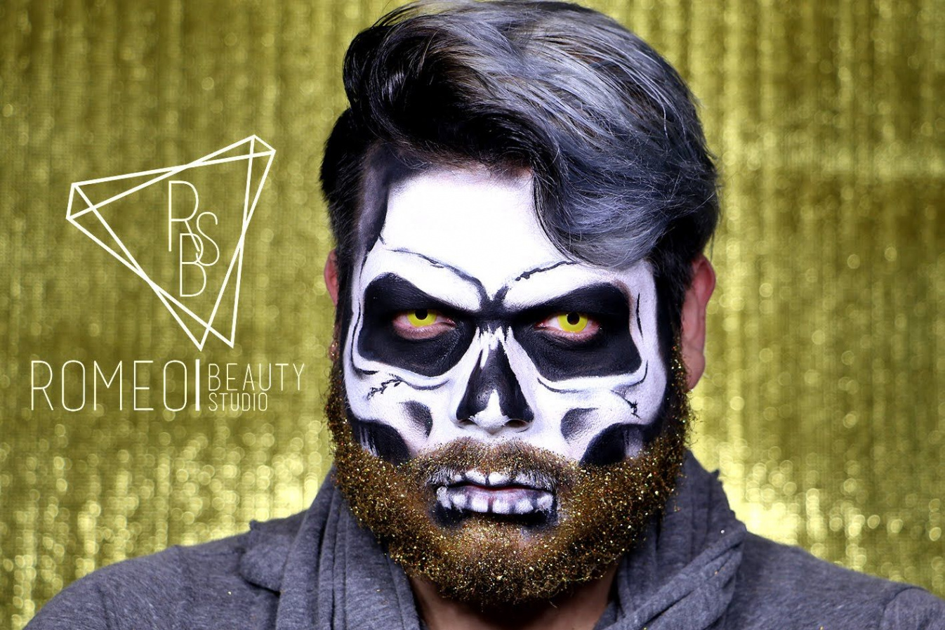 Glitter beard skull  Halloween skull makeup, Halloween makeup beard, Mens  halloween makeup