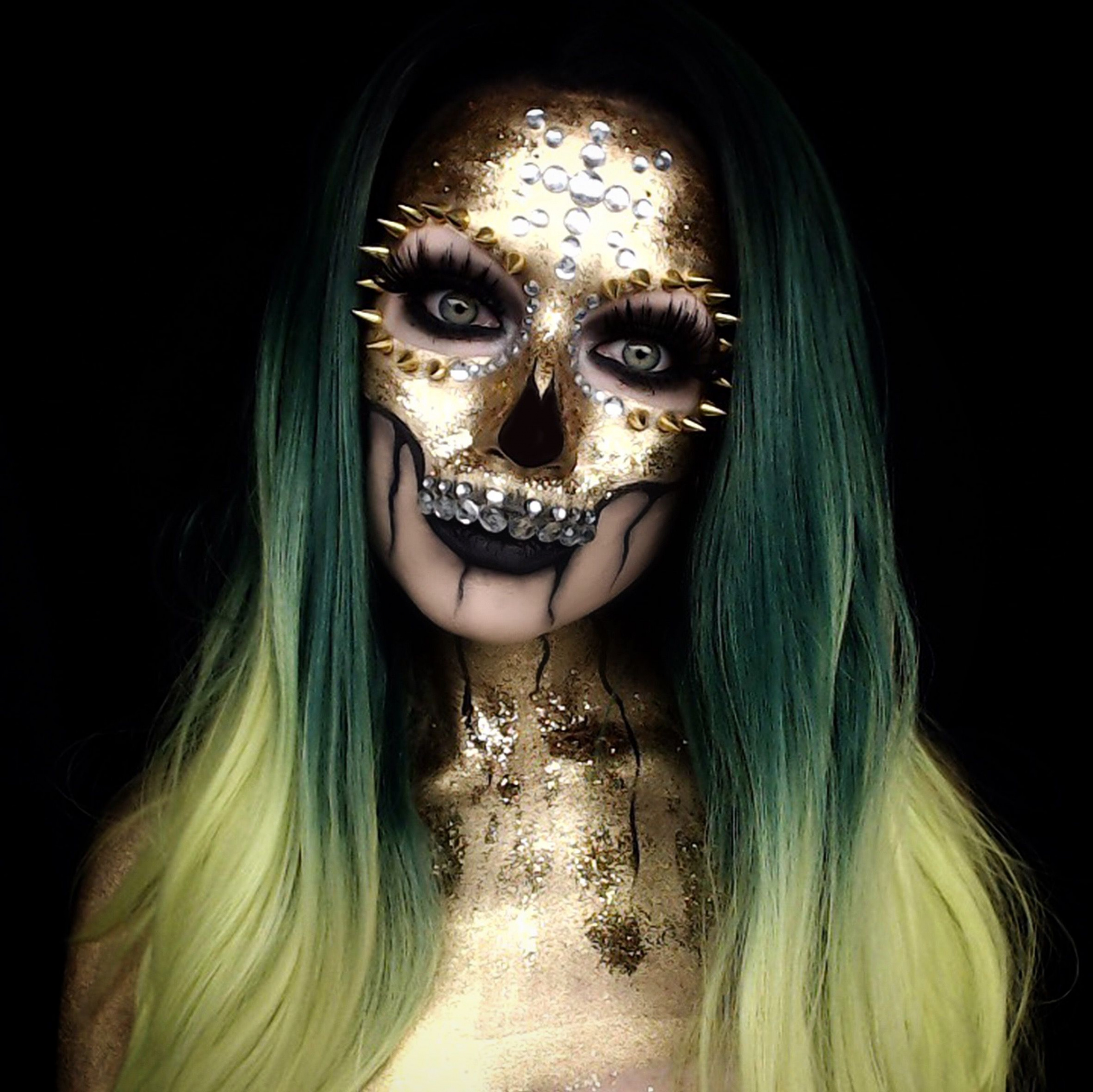 Gold skull crystal jewel half skull skeleton makeup Halloween