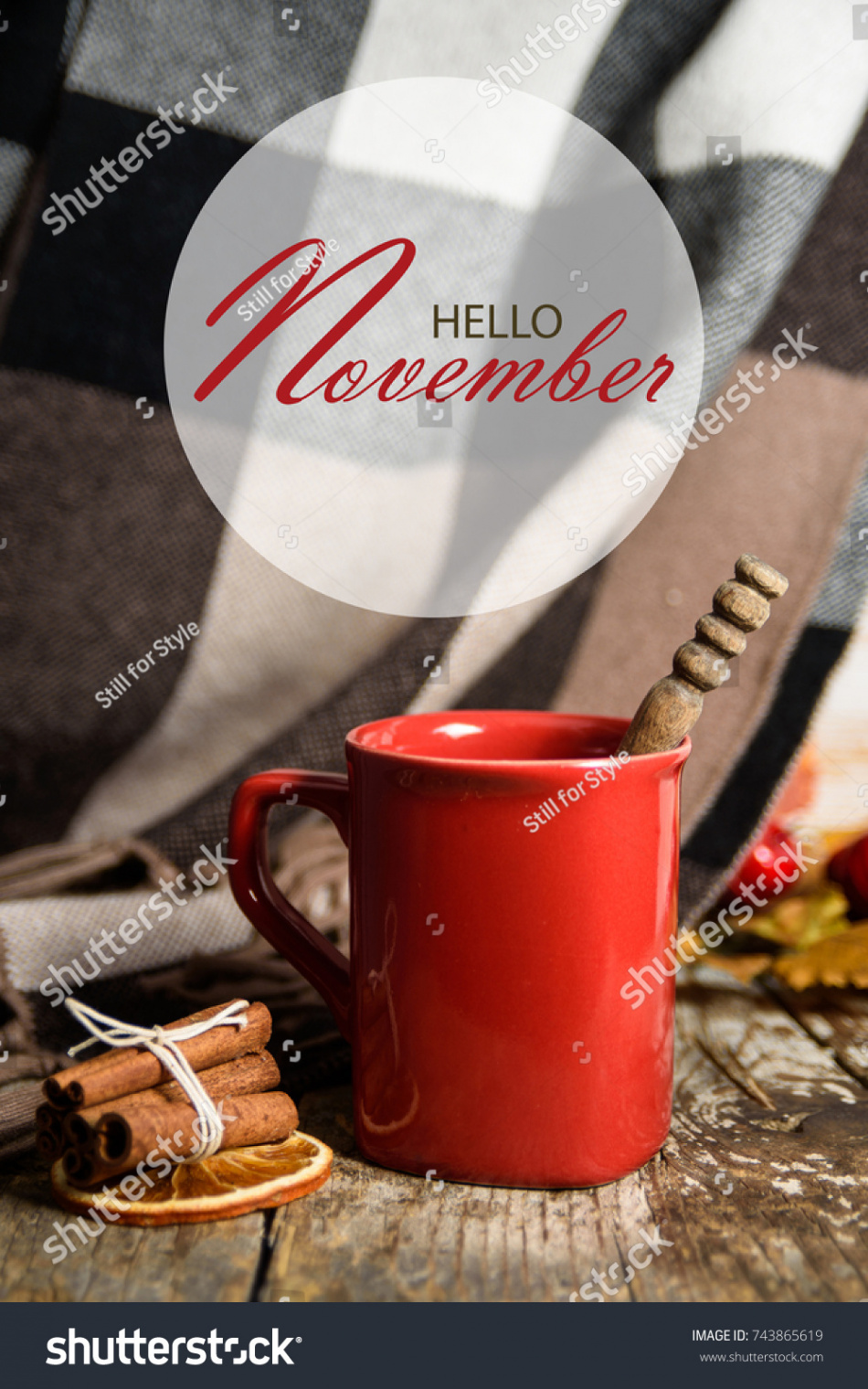 Hello November Vertical Banner Hot Tea Stock Photo