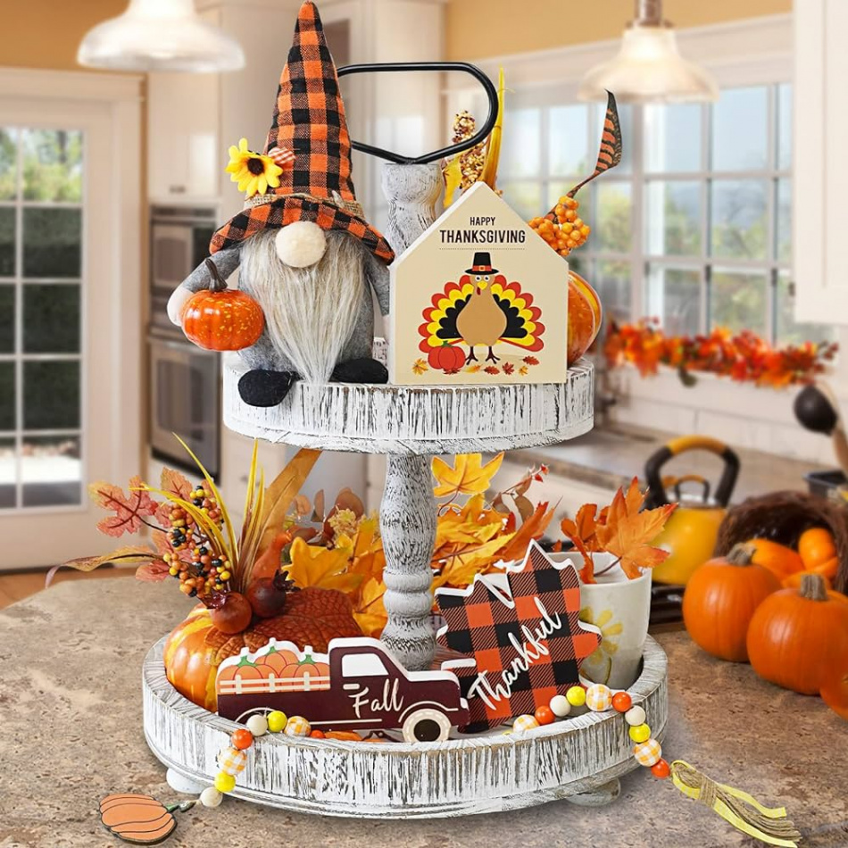 Herbst Zwerg Dekorationen,  Stück Herbst Tiered Tray Decor Bundle ,  Thanksgiving Zwerg Plüsch, Mini Herbst Holzschilder, Holzperlengirlande