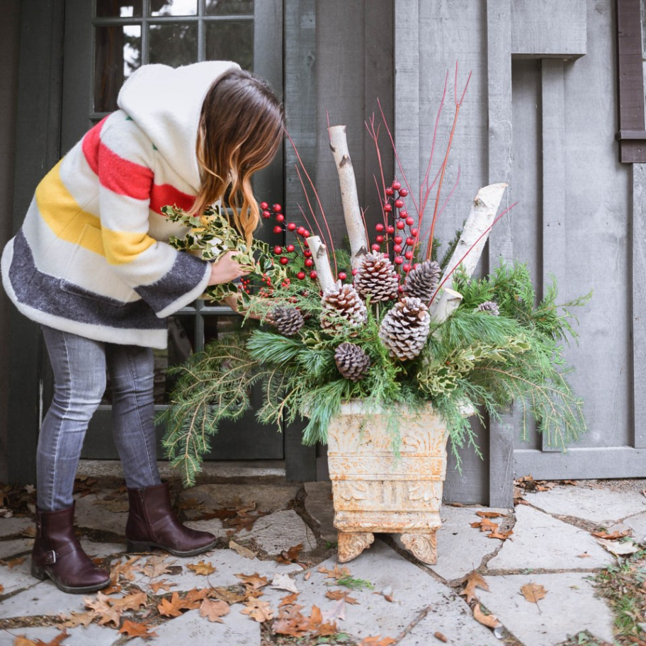 How to Make Outdoor Christmas Planters using Evergreen Boughs