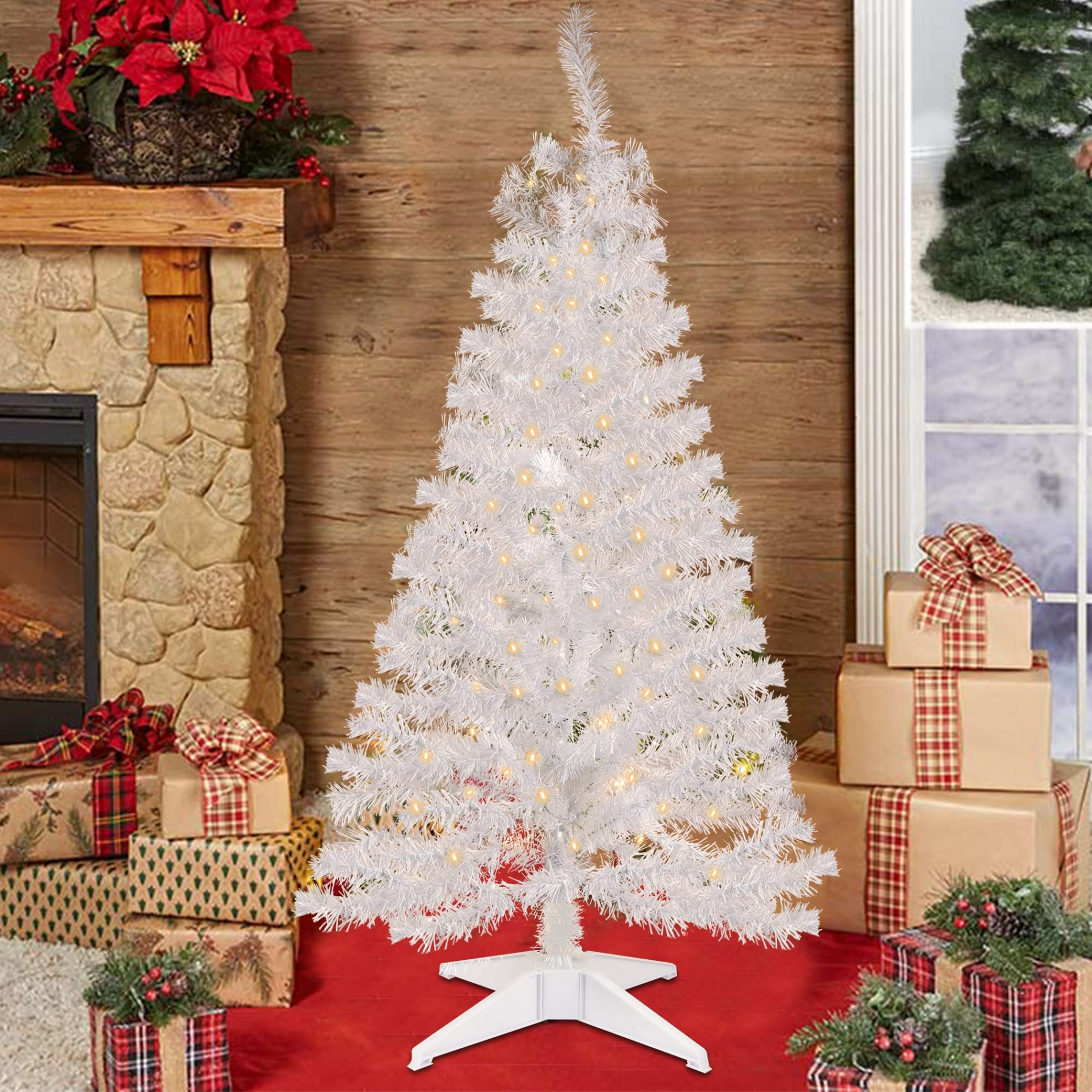 Juegoal ft Pre-Lit Artificial Christmas Tree White Tinsel Pencil Pine  Spruce with  Warm White LED Lights Home Party Decoration