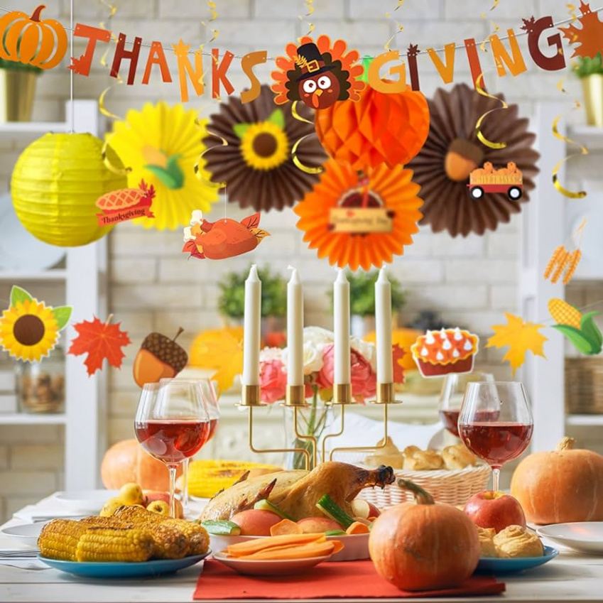 Mauts-inus Autumn Thanksgiving Party Decorations - Autumn Hanging Maple  Leaves, Pumpkins, Sunflowers, Paper Fans, Paper Pompoms, Lanterns, Autumn,