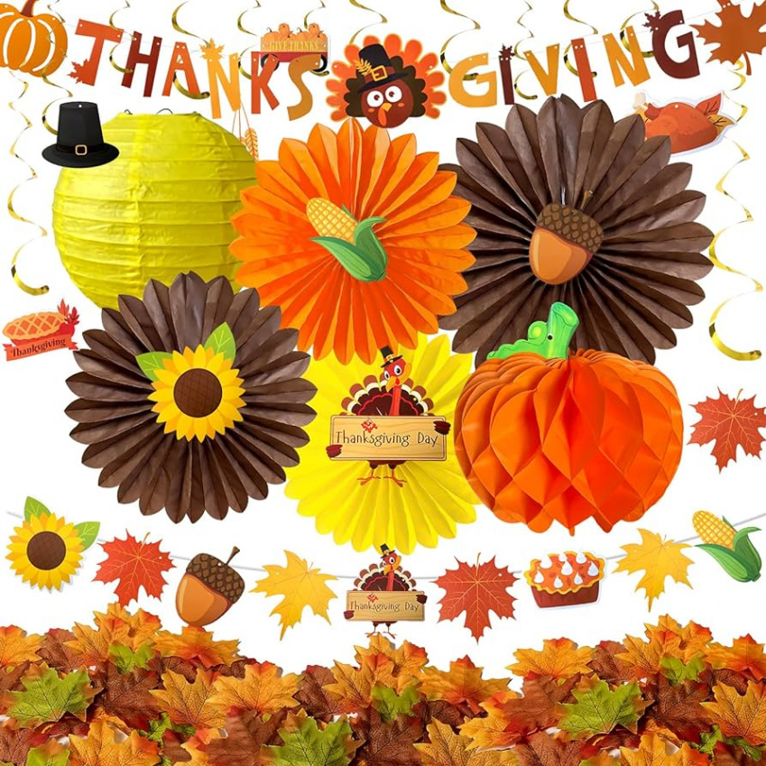 Mauts-inus Autumn Thanksgiving Party Decorations - Autumn Hanging Maple  Leaves, Pumpkins, Sunflowers, Paper Fans, Paper Pompoms, Lanterns, Autumn,