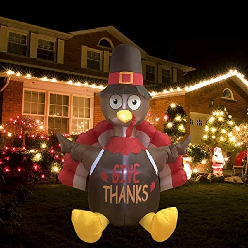 MorTime Inflatable Turkey Decoration for Thanksgiving Sitting Turkey Air  Blown Illuminated with LED Lights for Autumn Yard Party Shopping Mall