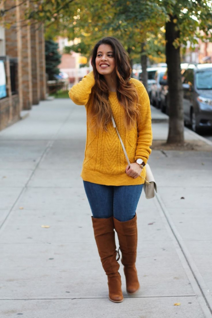 Mustard Yellow Pullover Sweater and Brown Over the Knee Boots