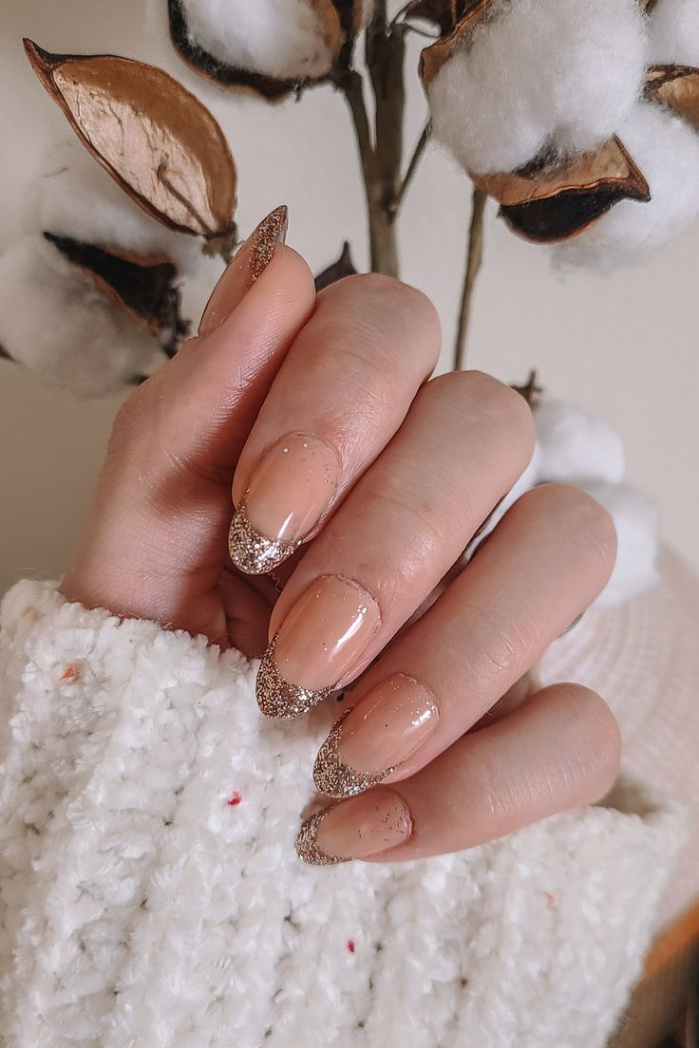 Neutral Glitter French Tip Nails  Winter nails, Trendy nail art