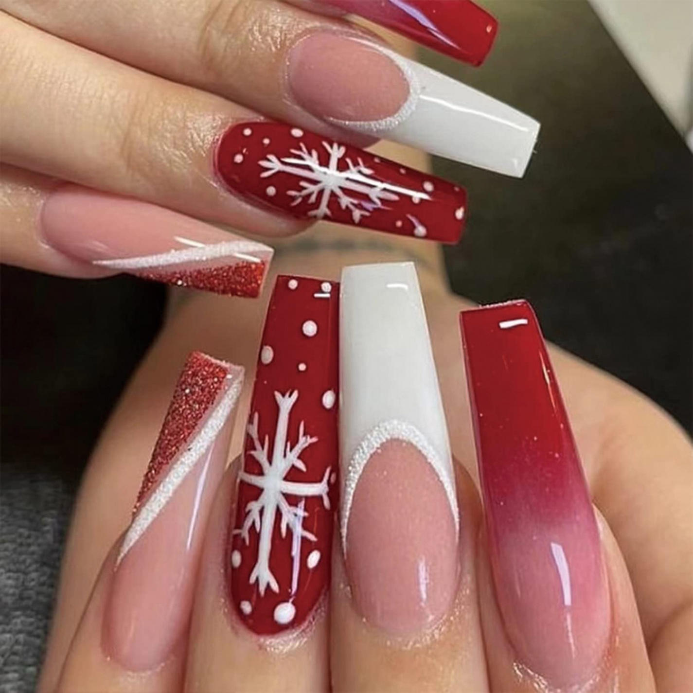 Pcs Christmas Press on Nails Long Coffin Winter Snowflake Fake Nails  French Tip Press on Nails Acrylic False Nails with Design Glue on Nails Red