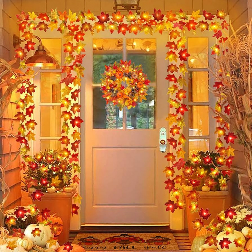 Pcs Thanksgiving Decorations Autumn Maple Leaf Garland Multicolor M   LED Battery Operated Autumn Leaves Garland with String Lights Wedding