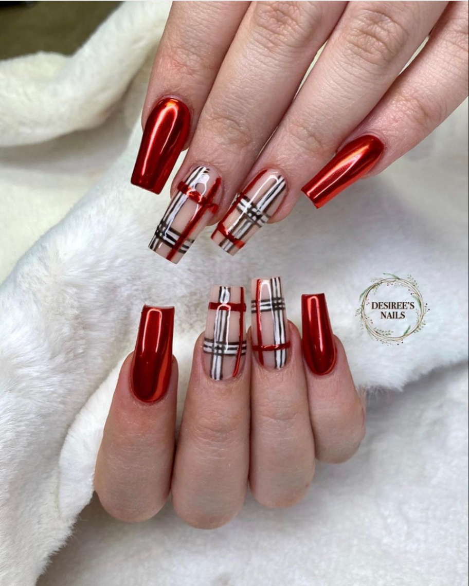Plaid nails chrome nails Christmas nails red nails  Christmas