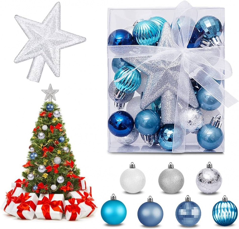 Plastic Christmas Baubles  Pieces, Small Christmas Tree Topper, Blue  Silver  cm, Christmas Tree Decoration Set, Christmas Tree Decoration,  Plastic