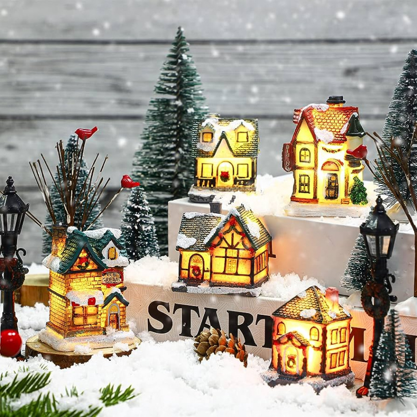 Queekay Christmas Winter Village Houses Set Illuminated DIY Christmas Dolls  Figures Christmas Miniature Resin Ornament Mini Cedar Branch Tree Lantern