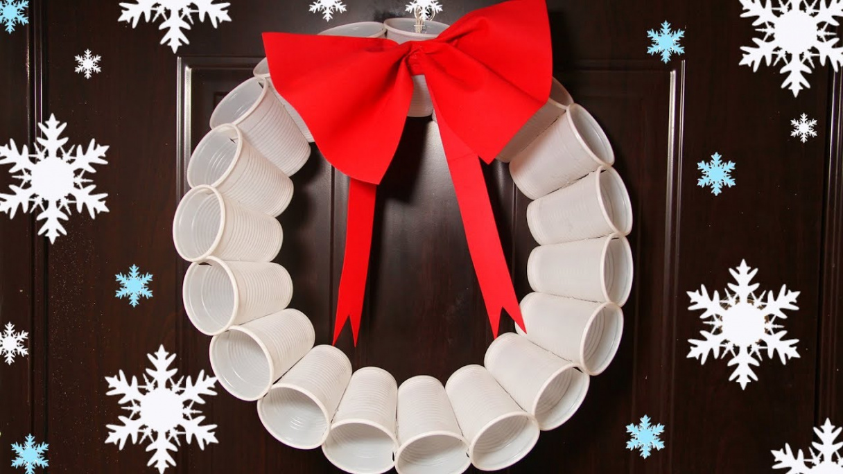 Recycled Christmas Crafts - Plastic Cups Wreath - Christmas Tree Ornaments