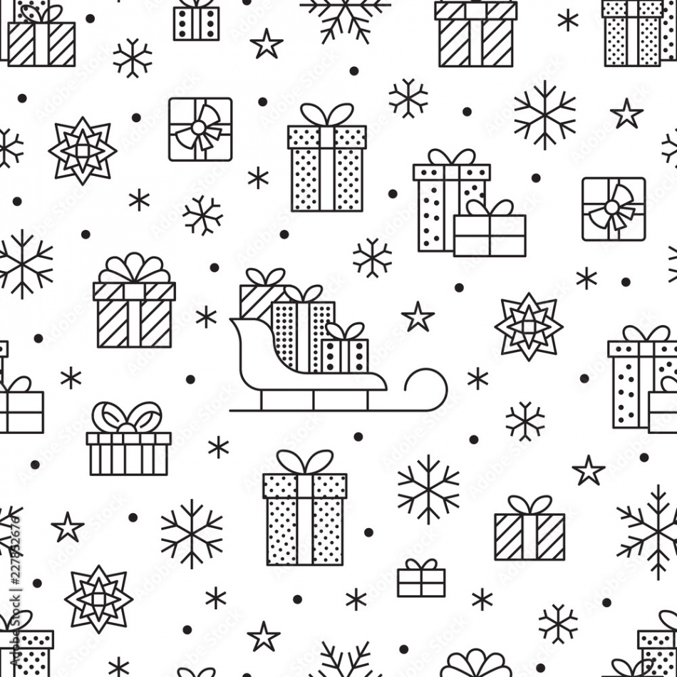 Seamless pattern with black snowflakes and presents on white