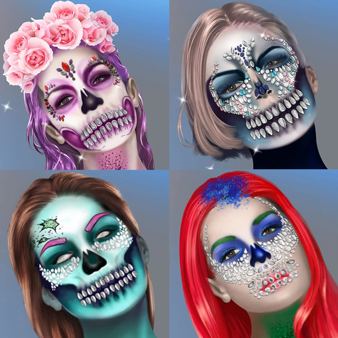 Skeleton Face Gems Jewels, Halloween Temporary Face Tattoos, Rhinestone  Face Jewels Day of the Dead, Crystals Catrina Face Gems Stick on Halloween