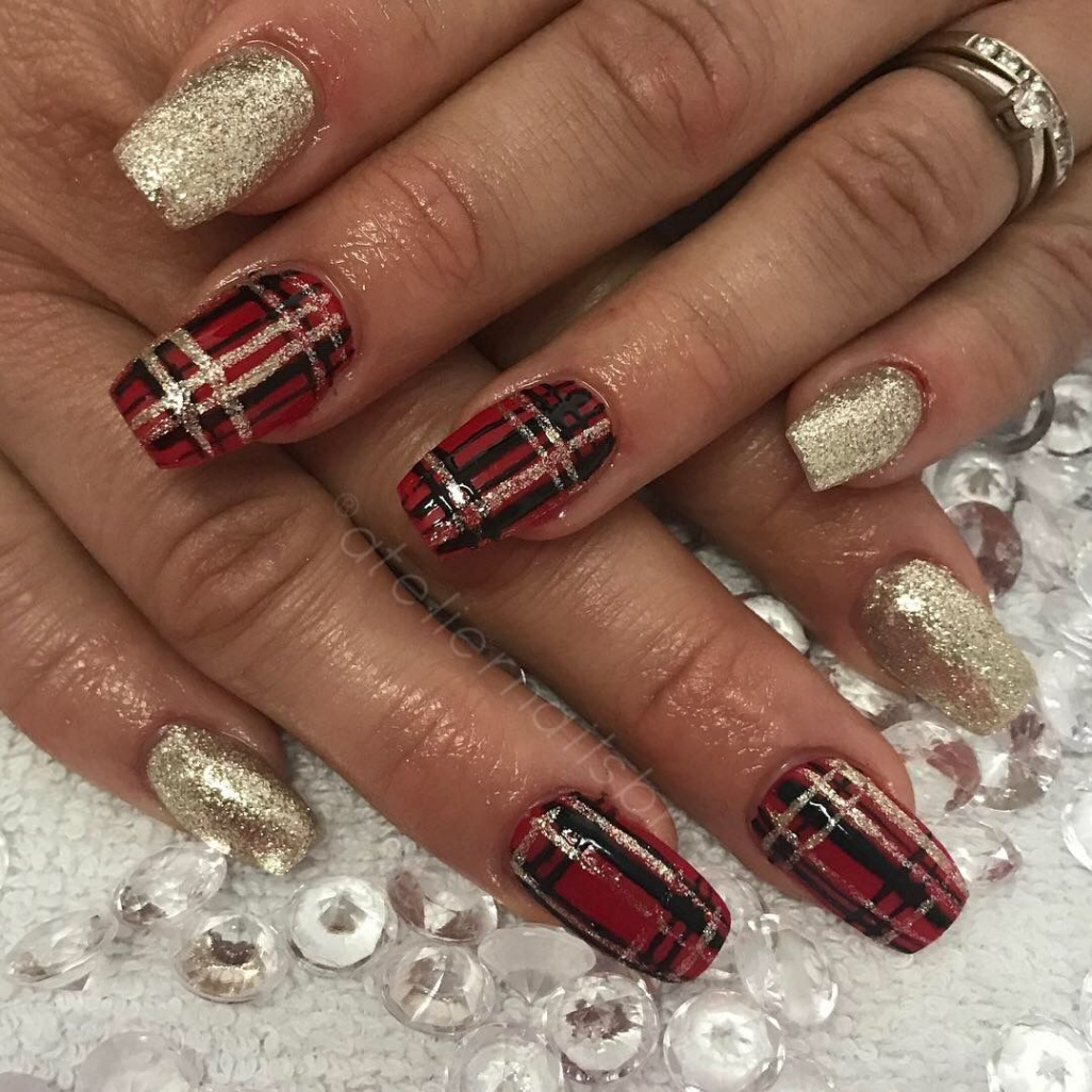 Tartan and glitter gold Autumn/Winter/ Christmas nails  Indigo