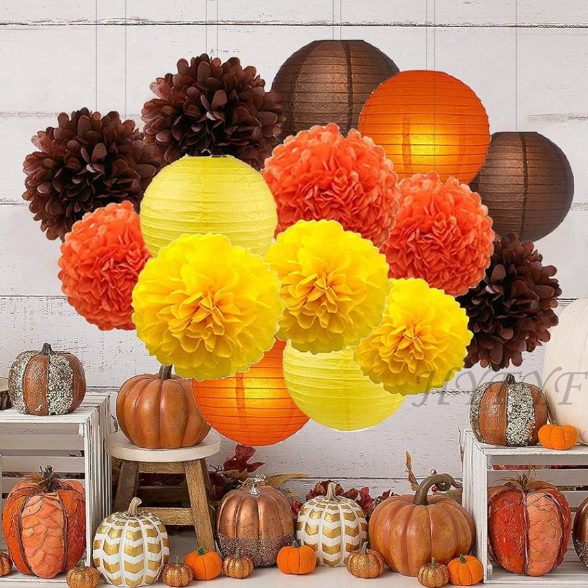 Thanksgiving Day Autumn Party Decoration Kit Yellow Paper Lanterns and Silk  Pom Poms Harvest Home Decor Autumn Paper Garland Round Lanterns for Home