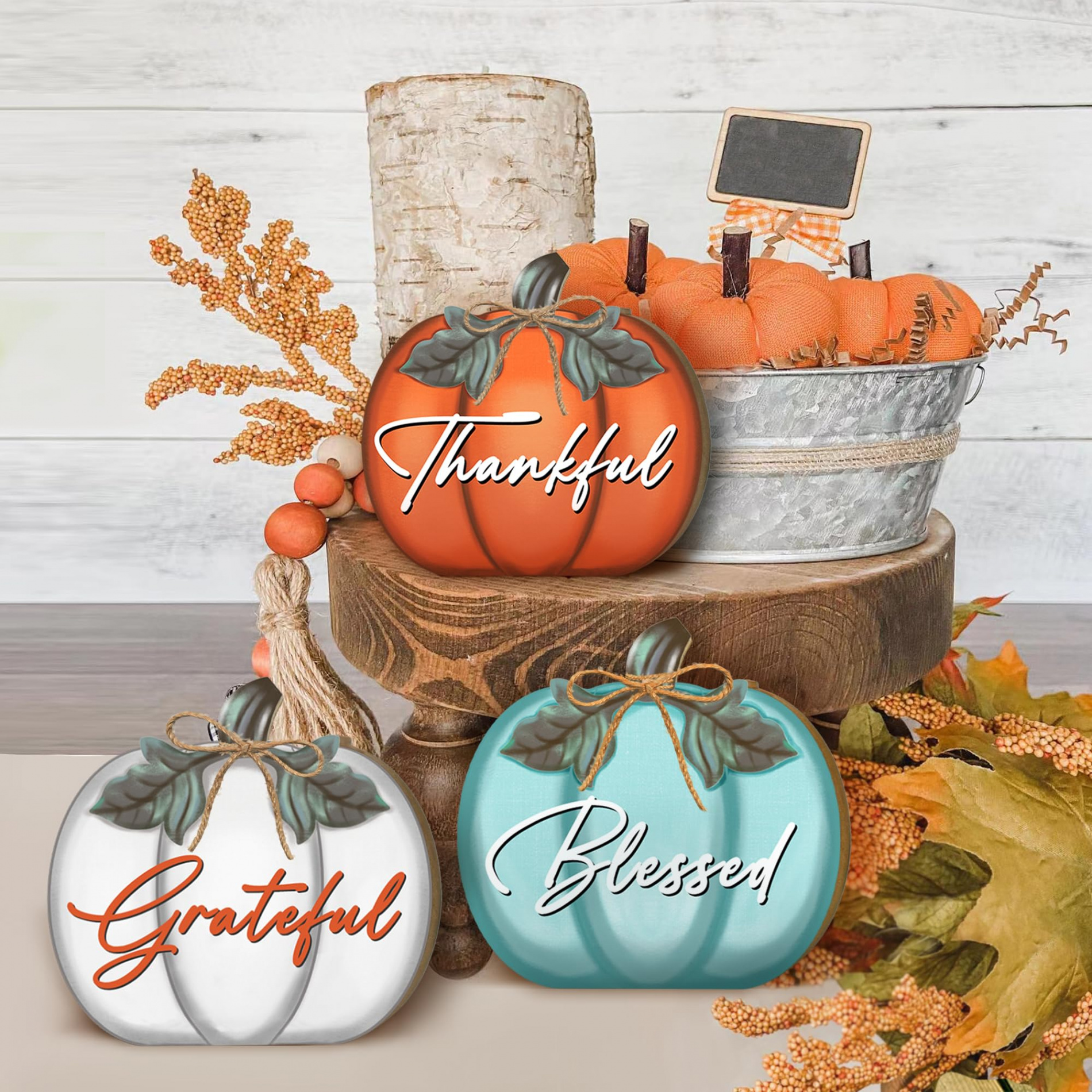 Thanksgiving Day Fall Sign Table Decorations for Home,  Pcs Wooden Fall  Thanksgiving Pumpkin Sign with Farmhouse Ornaments Fall Decorations for  Home,
