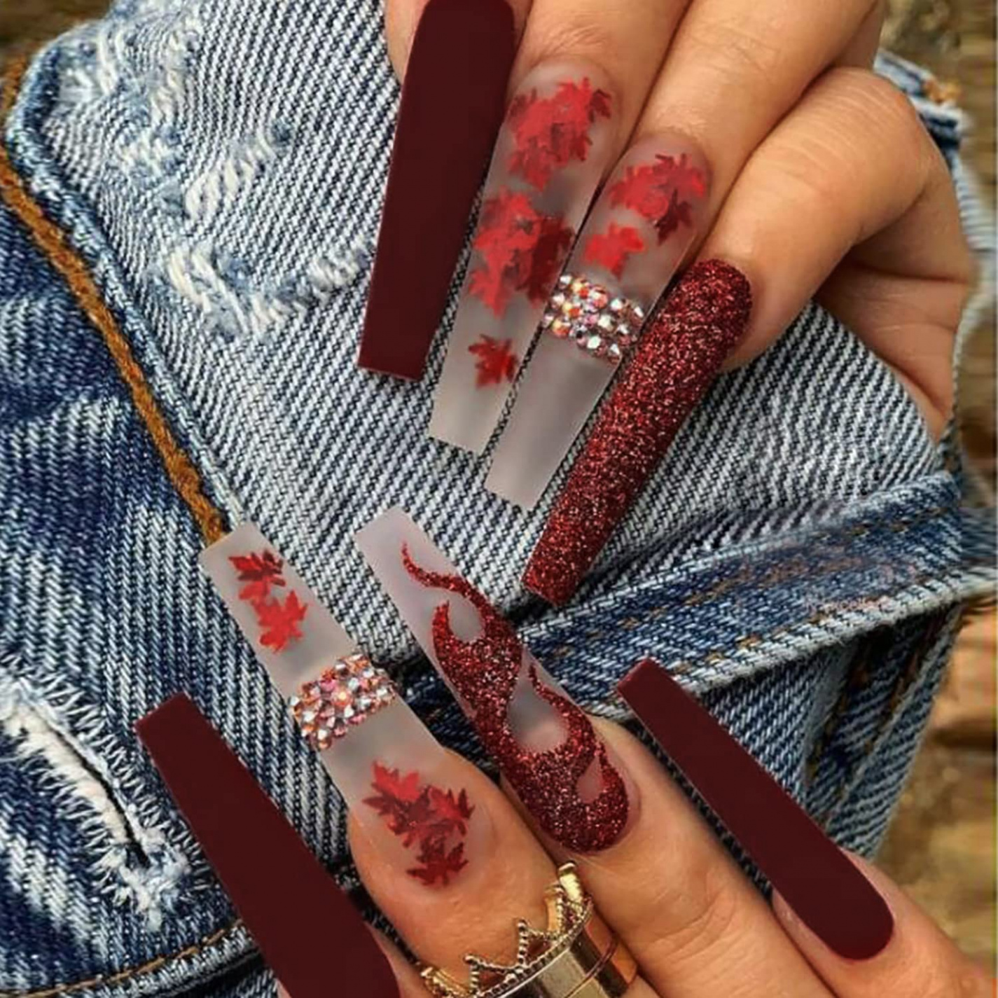 Thanksgiving Press on Nails,Autumn Long Coffin Fake Nails Maple Leaves Full  Cover Stick on Nails with Rhinestone Acrylic Nails Red Glitters Fall