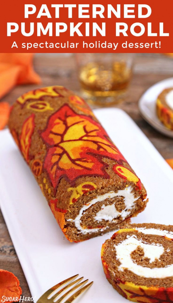 This patterned pumpkin roll is so pretty and tastes like fall! All