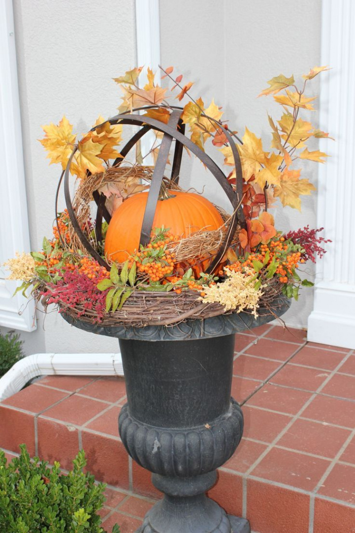 Urn with orb, pumpkin, grapevine wreath and fall picks
