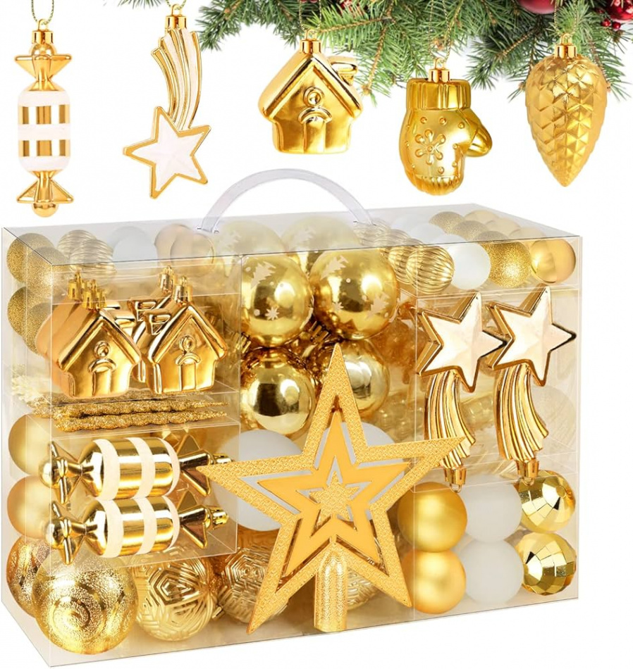 Viosmut Christmas Baubles Set, Gold,  Pieces, Christmas Tree Baubles,  Funny Christmas Tree Decorations, Christmas Tree Decorations, Plastic