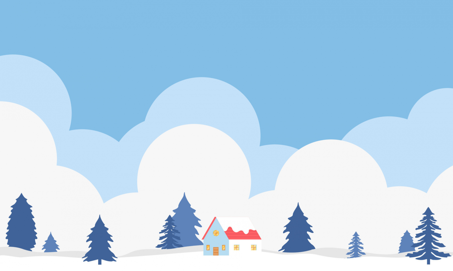 Winter landscape illustration with pine trees, clouds, and house