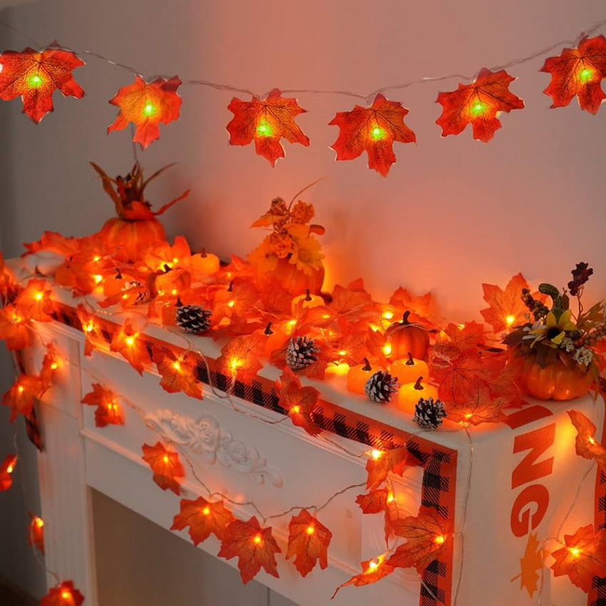 YEGUO Thanksgiving Decorations Lighted Fall Garland  Pack Maple Leaves  String Lights Battery Operated Total 0 Feet  LEDs for Indoor Outdoor  Party