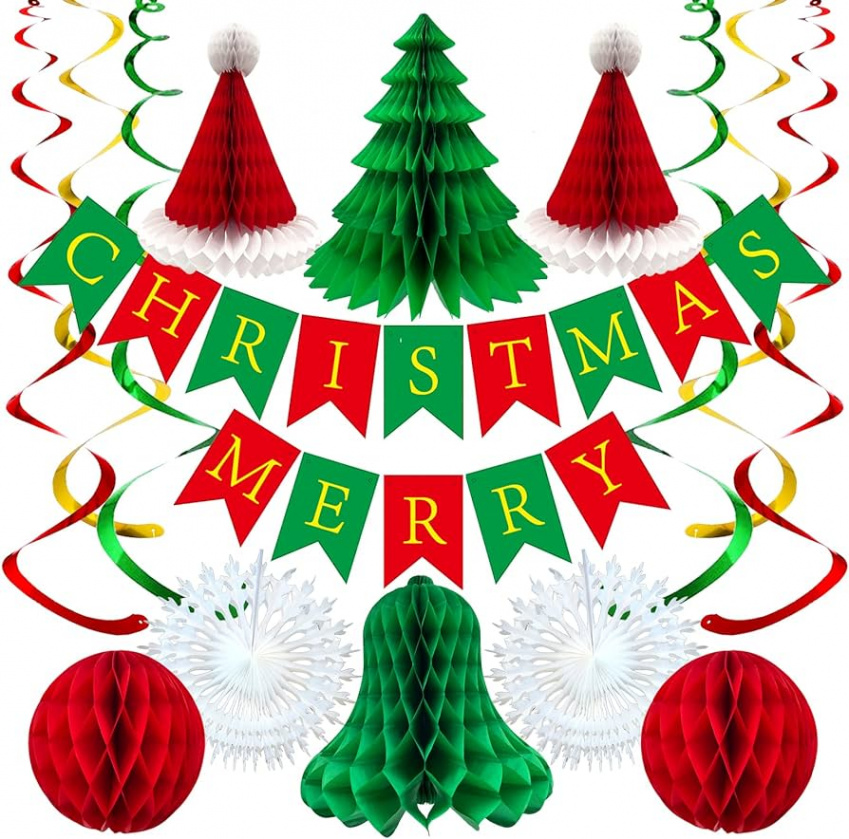 YUNSTK Premium Reusable Paper Christmas Decorations, Merry Christmas  Bunting Banner, Paper Snowflakes Fans Honeycomb Christmas Tree Bell Hat  Spiral