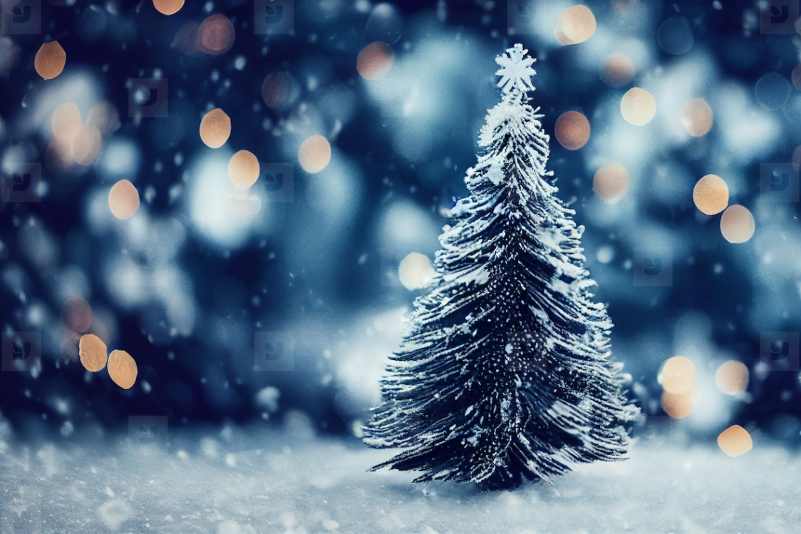 Abstract blurred bokeh background of Christmas tree with snow an stock photo