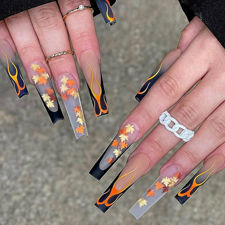 Autumn Press on Nails Long Coffin False Nails Thanksgiving Black French  Tips Gradient Fake Nails with Orange Flame Maple Leaves Designs Art  Manicure