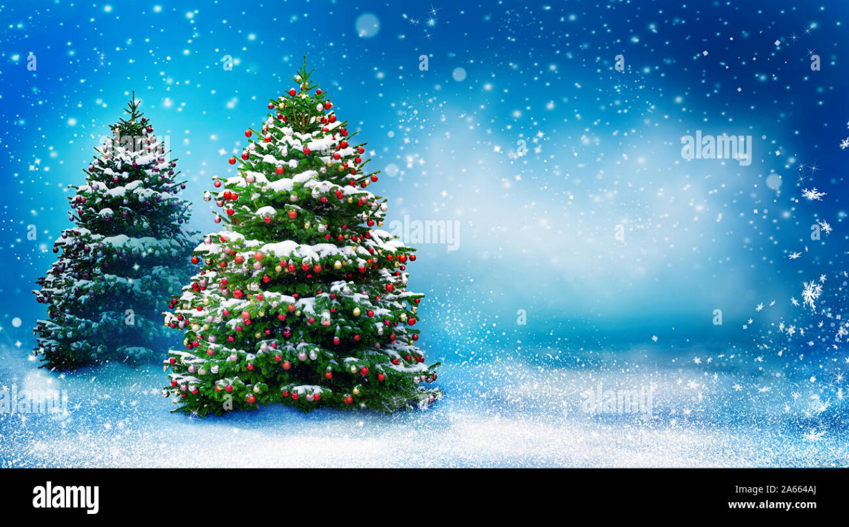 Beautiful snowy Christmas background with two New Year trees