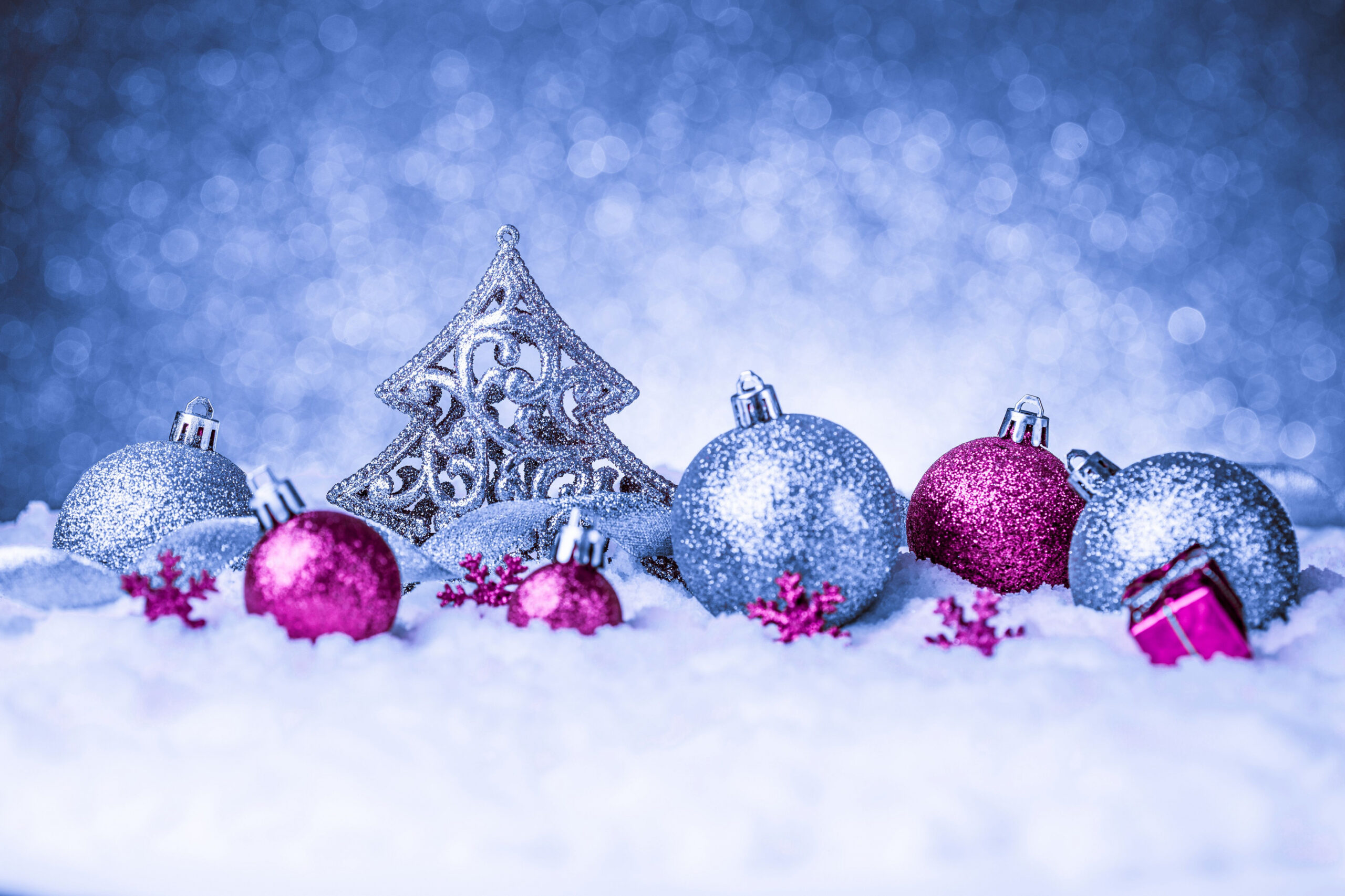 Blue Christmas Background with Pink Ornaments​  Gallery