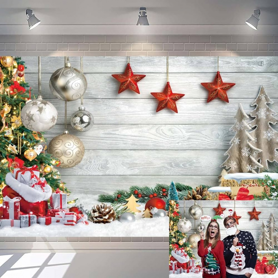 Christmas Backdrop for Photography Christmas Tree White Wooden Floor Winter  Snow Background Christmas Holiday Family Party Photo Decoration (xft)