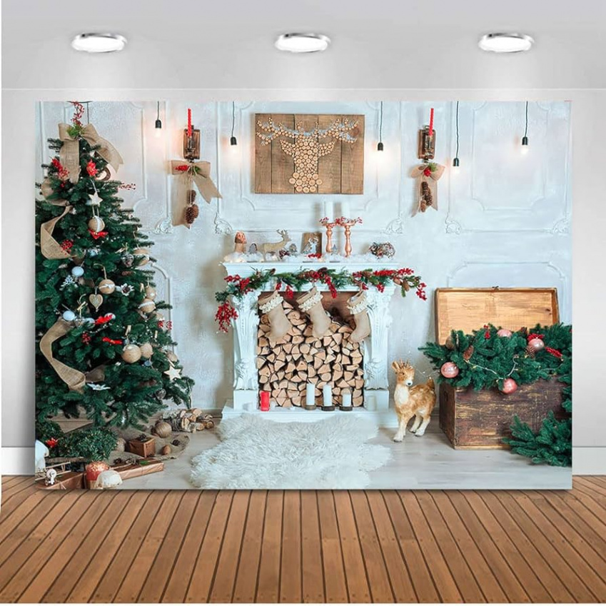 Christmas Backdrop for Photography Fireplace Background for Photo Booth  Studio Christmas Tree Pocall Wood Elk Decoration Xcm