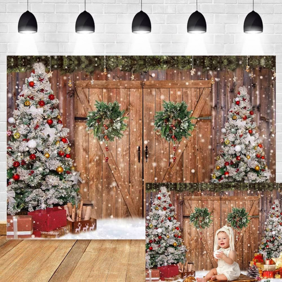 Christmas Background Rustic Barn Door Christmas Trees Winter Snowflake  Gifts WOD Wall Xmas Party Photography Background Baby Children Family  Portrait