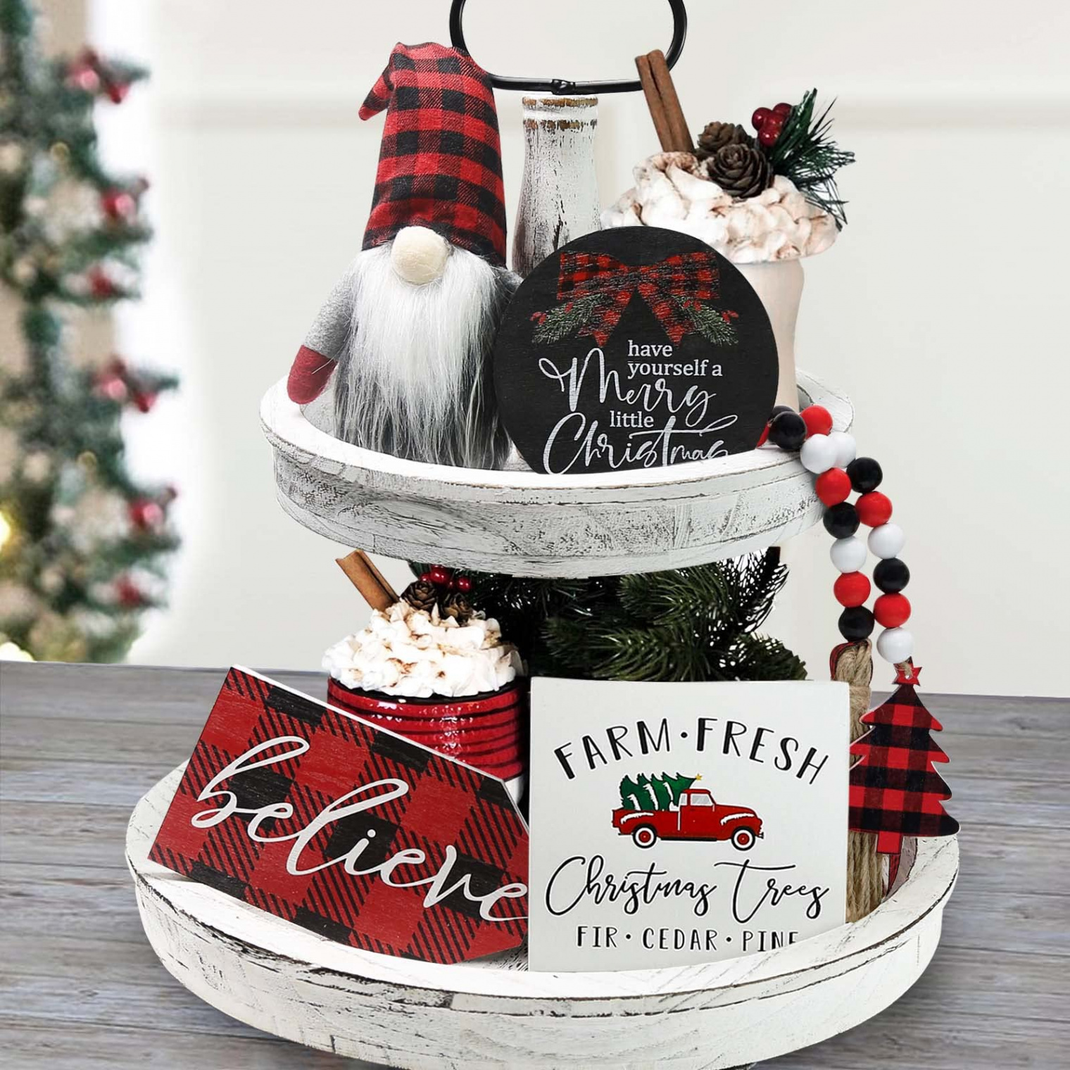 Christmas Decoration - Indoor Christmas Decorations - Believe Merry  Christmas Wooden Signs & Buffalo Plaid Gnomes Plush Set - Rustic Animal  Tray