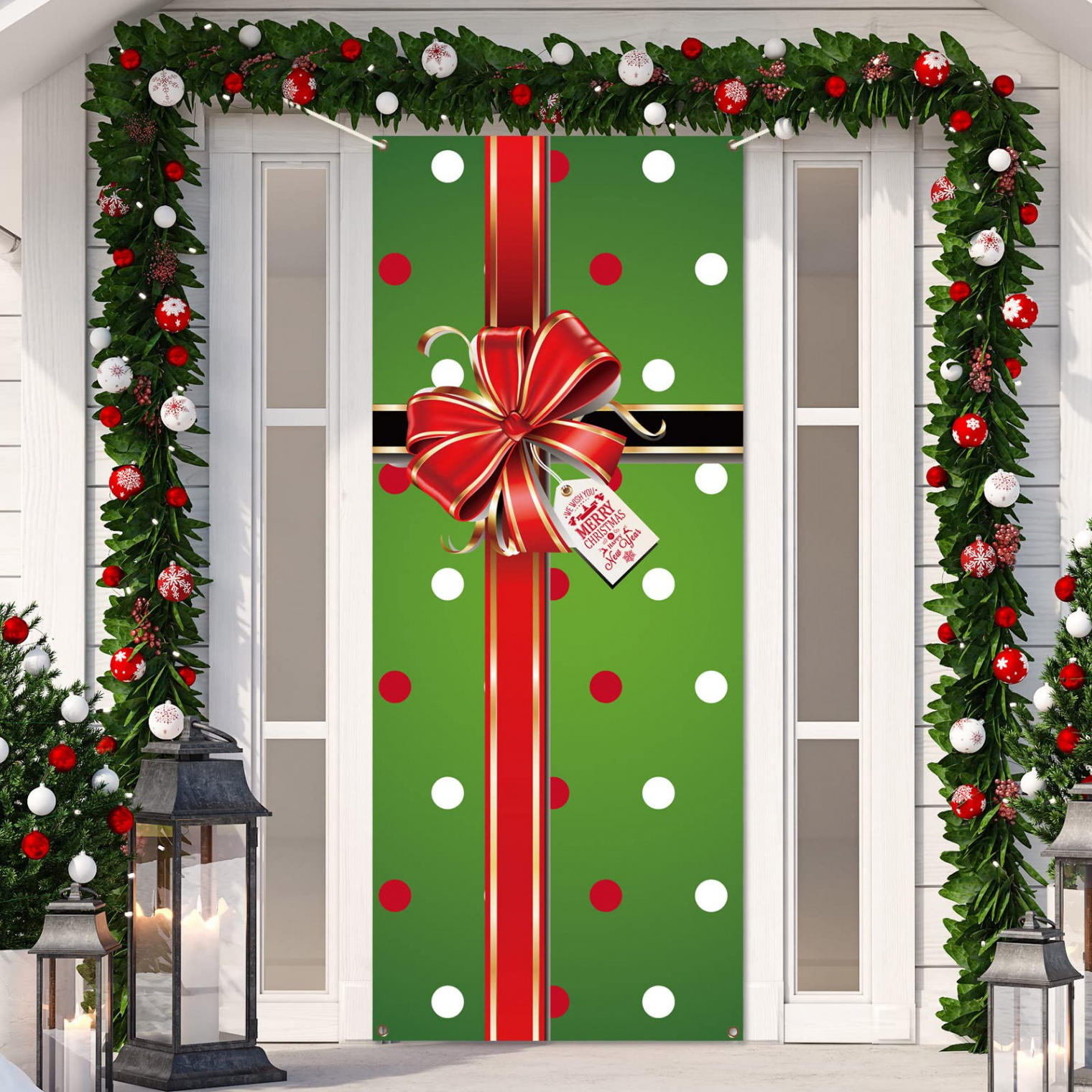 Christmas Door Cover Decoration Merry Box Bowknot Photography Background  Outdoor Sign for Home Wall Indoor Outdoor Party